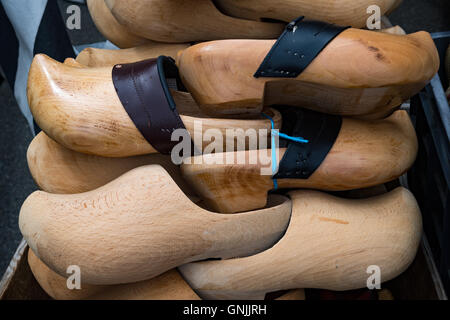 Traditional carved clogs on sale in Vannes, Brittany (Bretagne), France Stock Photo