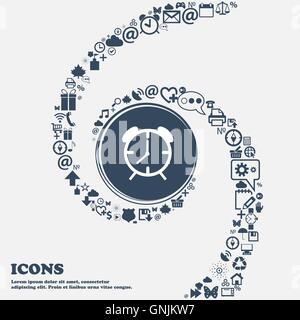 Alarm clock sign icon. Wake up alarm symbol in the center. Around the many beautiful symbols twisted in a spiral. You can use ea Stock Vector