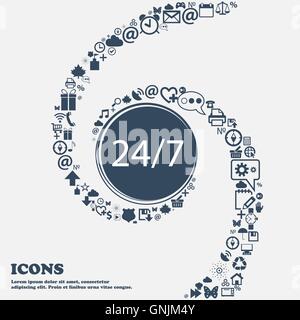 Service and support for customers. 24 hours a day and 7 days a week icon in the center. Around the many beautiful symbols twiste Stock Vector