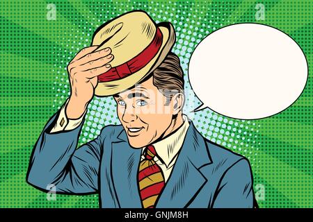 Hello polite gentleman raises his hat Stock Vector