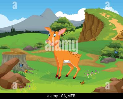 funny deer cartoon in the jungle with landscape background Stock Vector