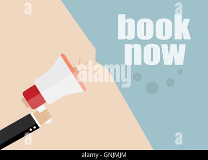 book now. Flat design vector business illustration concept Digital marketing business man holding megaphone for website and prom Stock Vector