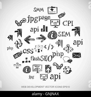 Black doodles Hand Drawn Site Development Icons set on White. EPS10 vector illustration. Stock Vector