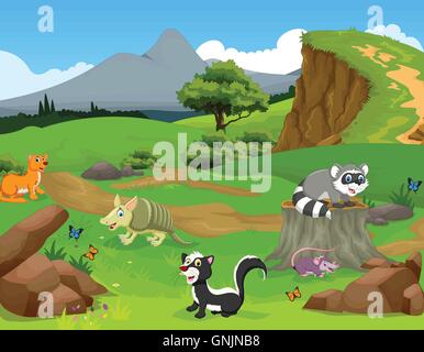funny animal cartoon in the jungle with landscape background Stock Vector