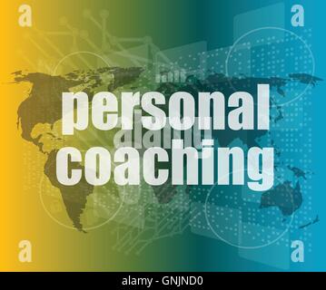 word personal coaching on digital screen 3d, business concept vector quotation marks with thin line speech bubble. concept of ci Stock Vector