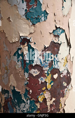 Peeling layers of different coloured paints on a column, Ipswich, Suffolk. Stock Photo