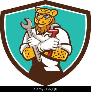 Leopard Mechanic Spanner Monkey Wrench Crest Cartoon Stock Vector