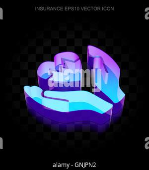 Insurance icon: 3d neon glowing Heart And Palm made of glass, EPS 10 vector. Stock Vector