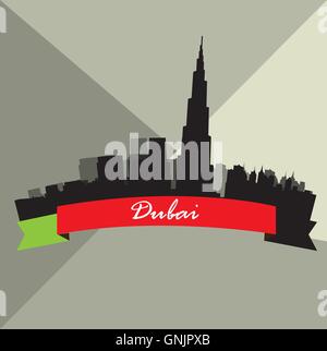 Isolated skyline of Dubai with a ribbon with text on a colored background Stock Vector