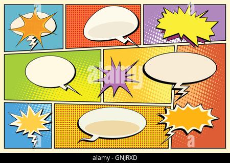 Comic book page pop art explosions, clouds and bubbles Stock Vector