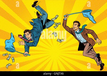 Competition, two businessmen catching money with a butterfly net Stock Vector