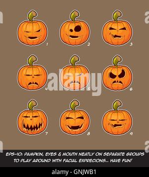 Jack O Lantern Cartoon - 9 Vampire Expressions Set Stock Vector