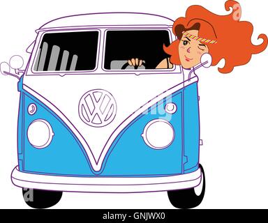 Hippie Girl Riding Vintage Blue Van Cartoon Vector Stock Vector