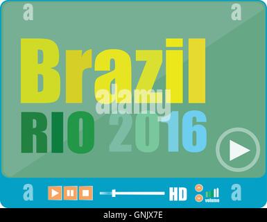 Vector Brazil Rio 2016 words with a play sign on media player Stock Vector