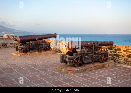 Cannons, guns, Castle Sohail Moorish fortress, Fuengirola, Costa del Sol, andalusia,  Spain Stock Photo