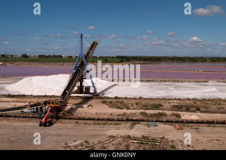 View of a salt factory near Aigues-Mortes in Camargue, southern France. Industry with heavy equipment for sea salt extraction Stock Photo