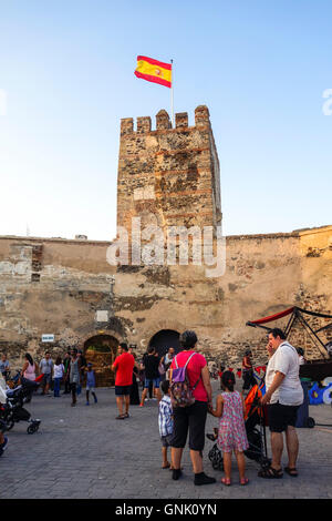 Medieval market in moorish castle Sohail, during sunset, Fuengirola, andalusia, Spain. Stock Photo