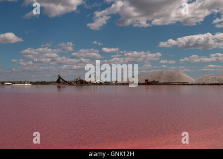 View of a salt factory near Aigues-Mortes in Camargue, southern France. Industry with heavy equipment for sea salt extraction Stock Photo