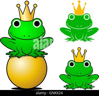 Frogs wearing crowns while one sitting on gold ball against white background Stock Vector