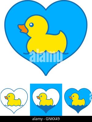 Vector image of yellow rubber ducks swimming in hearts over white background Stock Vector