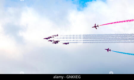 Rhyl Air Show 2016 located on the North Wales coast and held every year. RAF Red Arrows conduct fly past over beach Stock Photo