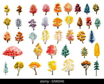 watercolor hand painted autumn trees set Stock Photo