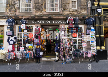 Tourist shop on High Street selling Scottish souvenirs and crafts in Edinburgh , Scotland ,United Kingdom. Stock Photo