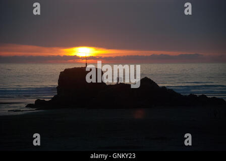 Sunset at Perranporth Beach in Cornwall Stock Photo