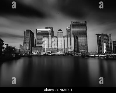 Canary Wharf skyline shot from across the Blackwall Basin. Stock Photo