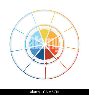 Arrows from colourful lines Around circle. Template infographic nine position. Pie chart Stock Photo