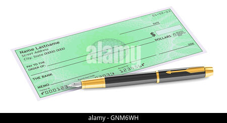 cheque with fountain pen, 3D rendering isolated on white background Stock Photo