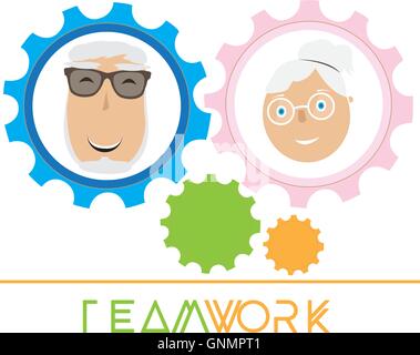 Isolated group of gears with two different faces on a white background Stock Vector