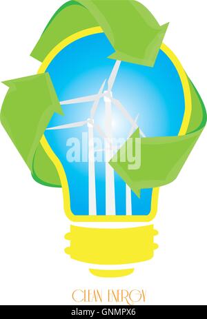 Isolated lightbulb with a recyclable symbol and some wind turbines Stock Vector