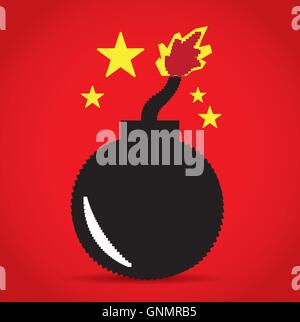 Isolated pixeled bomb on a red background Stock Vector