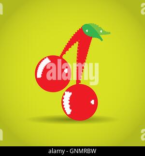 Isolated pixeled cherry on a yellow background Stock Vector