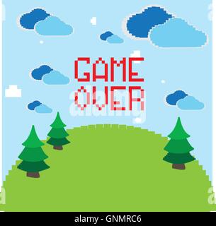 Colored pixeled backgrond with text, clouds and trees Stock Vector