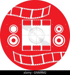 Isolated red button with a pair of speakers, filmstrips and a cinema screen Stock Vector