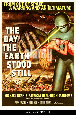 The Day the Earth Stood Still (1951) directed by Robert Wise and starring Michael Rennie, Patricia Neal and Hugh Marlowe.  An alien tells Earth to live in peace and that an intergalactic police force will be watching, Klaatu barada nikto! See description for more information. Stock Photo