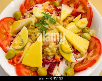 Salad with tomato, cheese, olives, eggs, tuna, beets, onions and mustard sauce Stock Photo