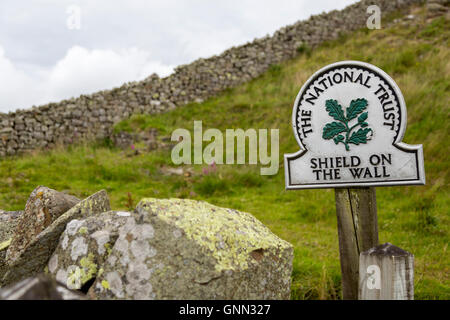 Northumberland,  England, UK.  Trail Sign Marking Milecastle 33 on Hadrian's Wall. Stock Photo