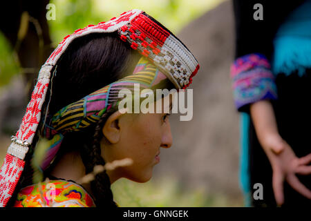 A pretty young Kalasha girl sits in a field of grass in Kalash Valley, Chitral, Pakistan. Stock Photo