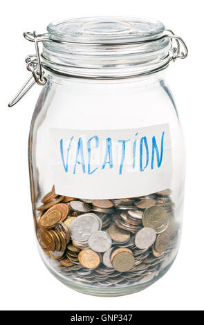 saved coins for vacation in closed glass jar isolated on white background Stock Photo