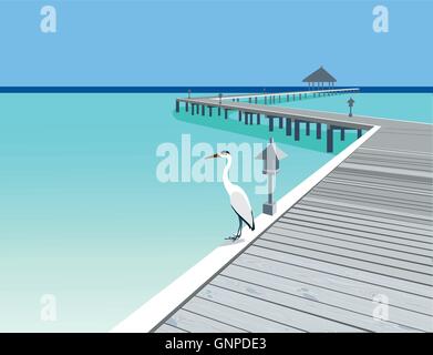 Heron is on the tropical resort wooden pier vector illustration Stock Vector