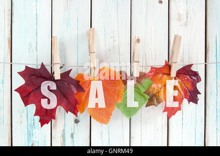 Sales autumn leaves hanging on a line with pegs Stock Photo