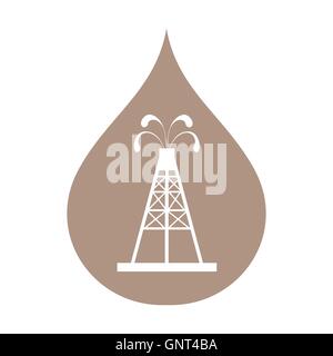 Stylized icon of the oil rig with fountains spurting up oil with oil in the color of fuel drop on a white background Stock Vector