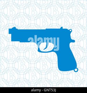 Stylized icon of a colored gun on the background of bitcoin Stock Vector