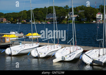 Lake Quinsigamond dock at Regatta Point, Quinsigamond State Park, Worcester, Massachusetts Stock Photo