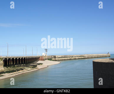 Entrance to inner harbour from Quai de la Marne, Dieppe, France looking towards the English Channel Stock Photo