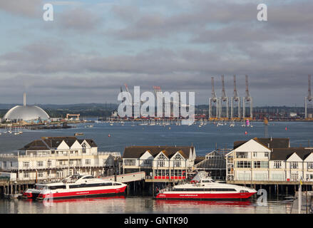 Southampton from docks, with Red Funnel ferry boats in foreground. Stock Photo