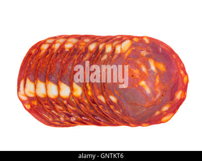 Chorizo spanish pork sausage slices isolated on white Stock Photo